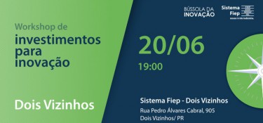 Workshop gratuito de investimentos para inovação em Dois Vizinhos. Workshop gratuito de investimentos para inovação em Dois Vizinhos.